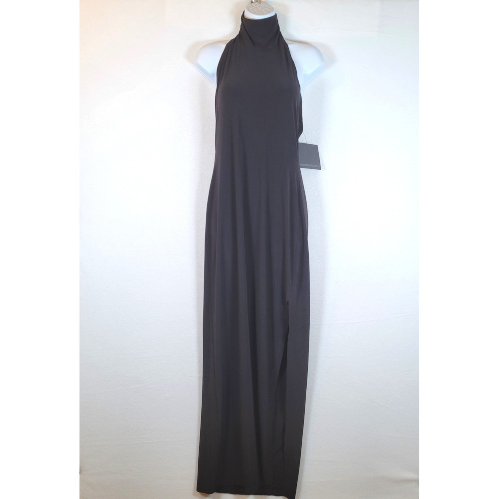 Norma Kamali Womens Halter Turtle Side Slit Gown Maxi Dress Size Large Black